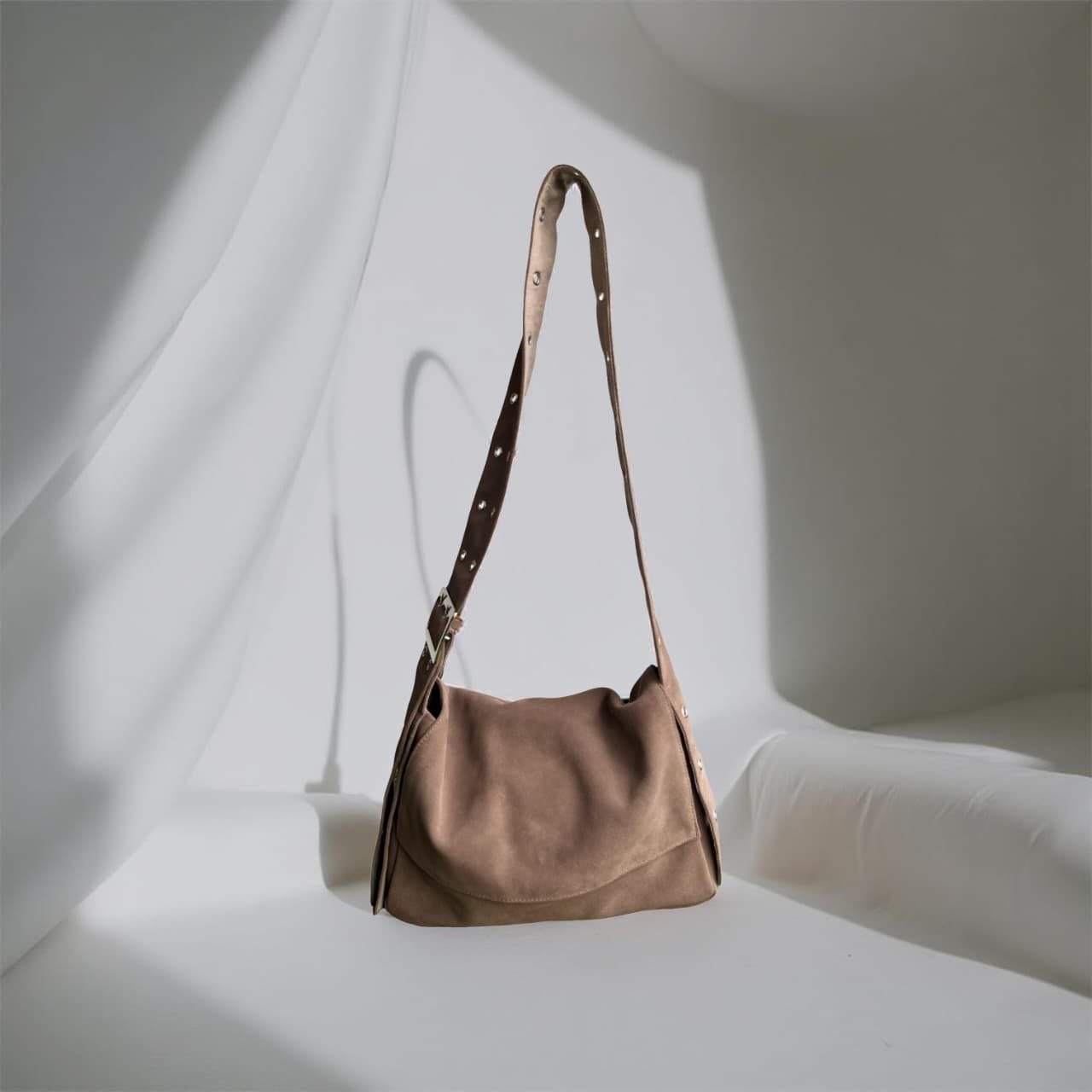 Lucky Bag in beige sheep suede by Amanda Leather Fashion